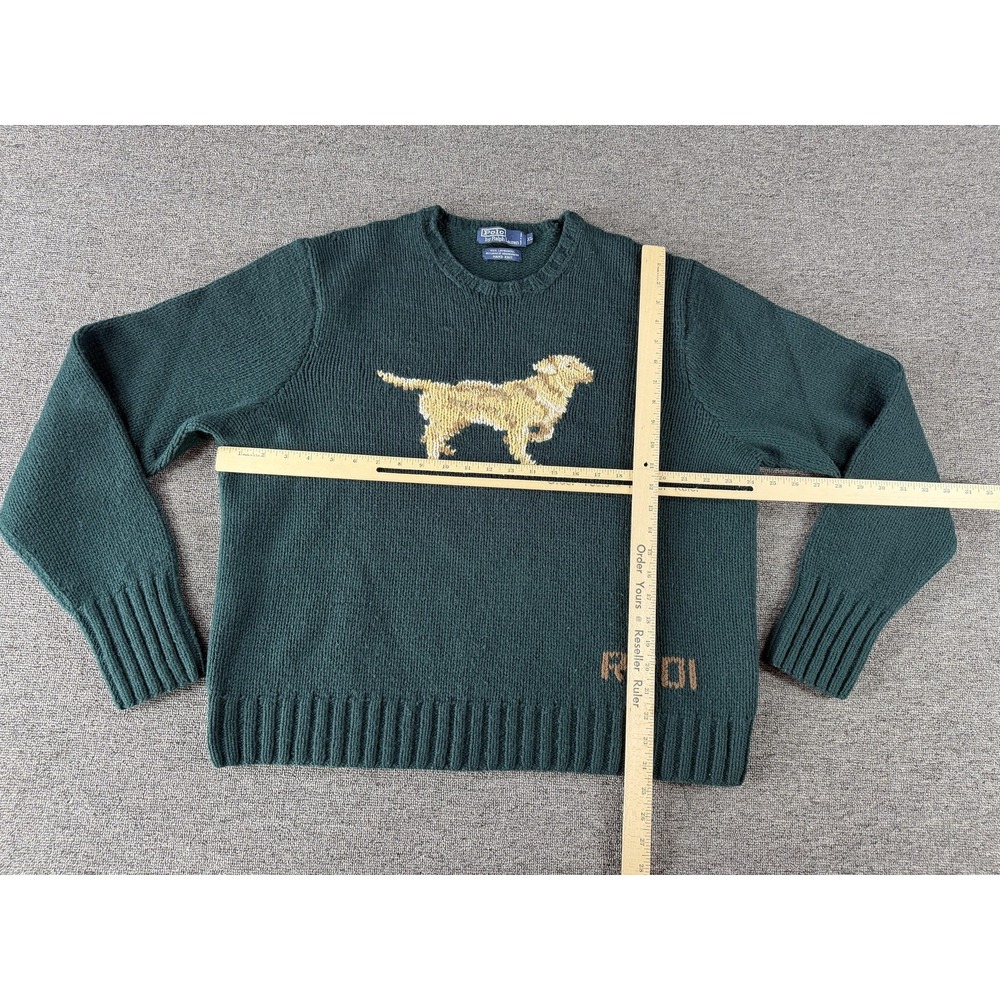 Vintage Polo Ralph Lauren Sweater Mens XL Green Lambswool Dog Hand Knit RL01 - Picture 6 of 10